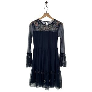 Zara Embroidered Beaded Tulle Overlay Dress‎ Small Navy Blue Swiss Dot Romantic